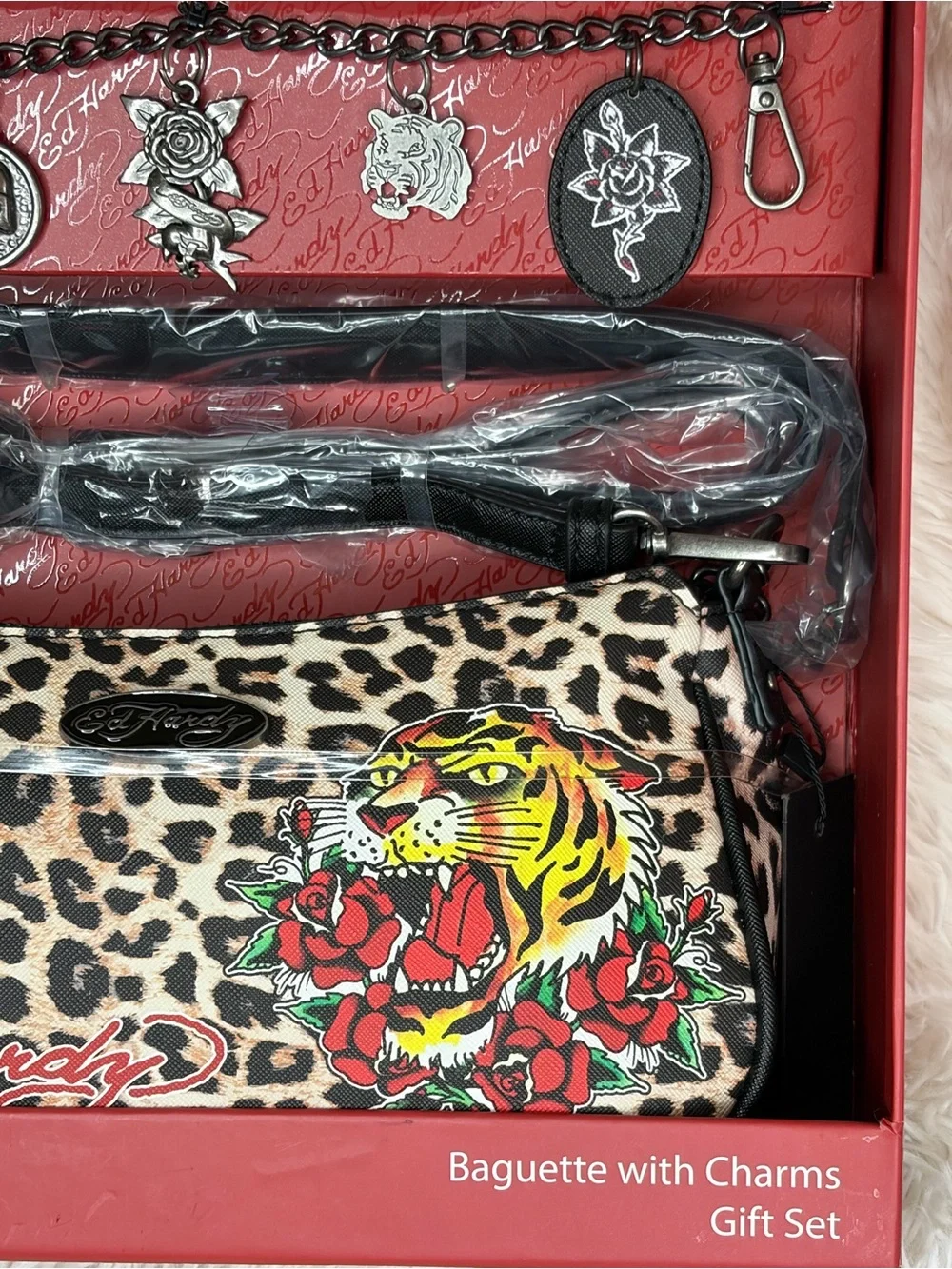 Ed Hardy Leopard Print Baguette Bag with Tiger & Rose Graphic - Charms Gift Set